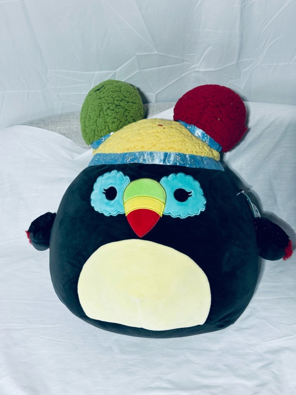 Squishmallow Plush Penguin Pillow with Colorful Pom Beanie